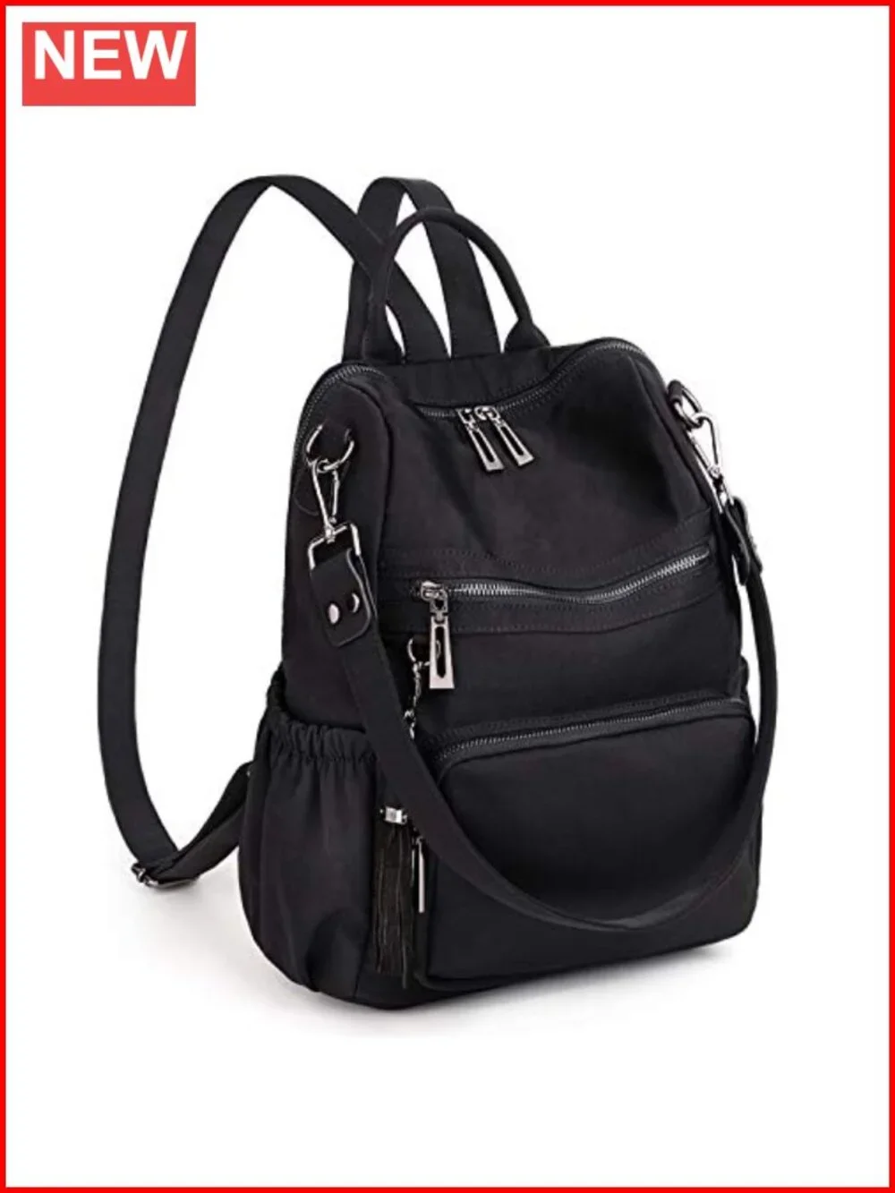 Convertible Leather Backpack Purse with Tassel Water-Resistant Nylon Rucksack